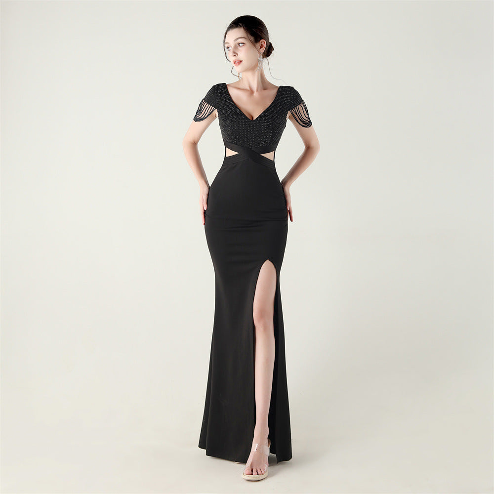 Beaded Chain Shoulder Deep V Hollow Slim Formal Party Evening Dress 17