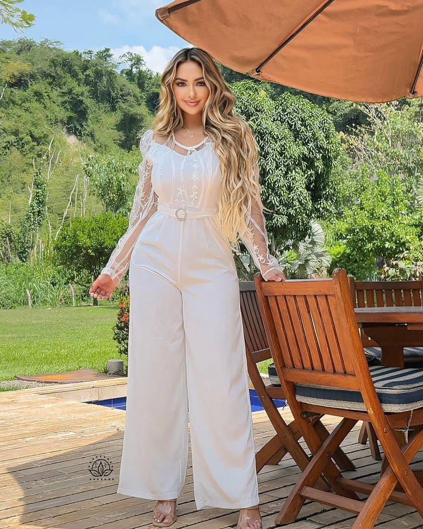 Women's Mesh See-Through Patchwork Embroidery Sexy Jumpsuit (Includes Belt)