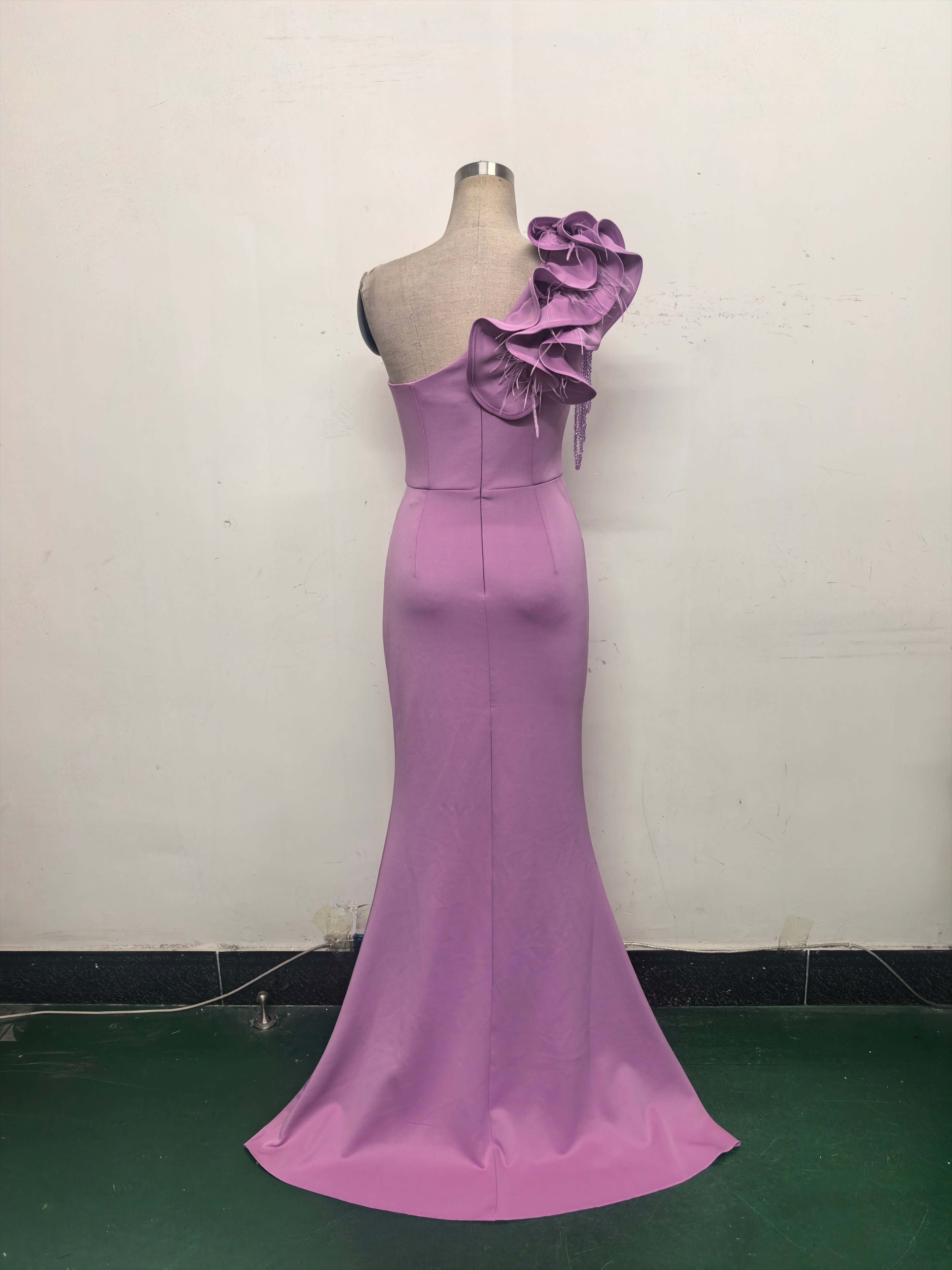 Women One-Shoulder Beaded Wool and Floral Satin Slit Sexy Evening Dress 31