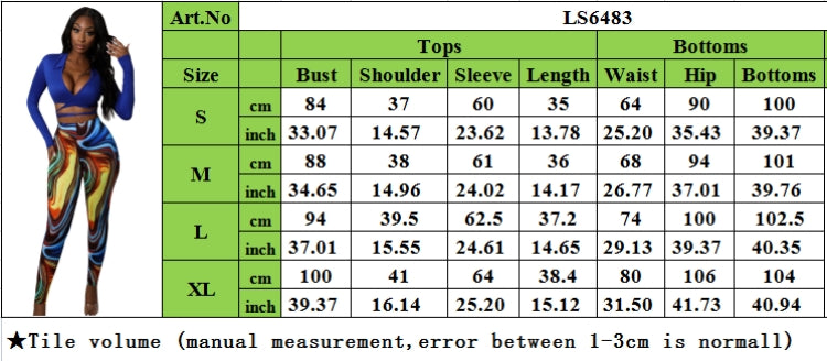 Fall Sexy Blue Turndown Collar Wrap Tied Long Sleeve Crop Top and Printed Tight Pants Set 10