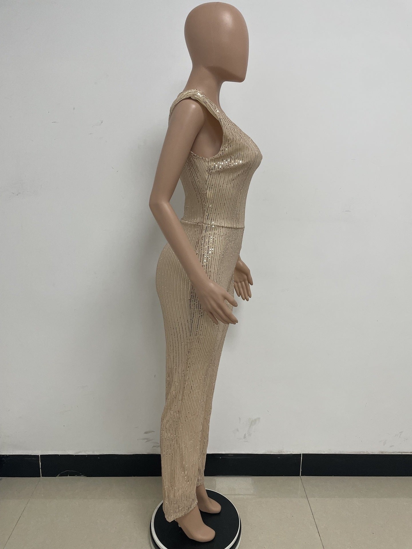 Women's Sleeveless One Shoulder Low Back Sequined Jumpsuit 46