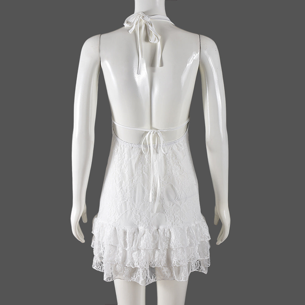 Women's Halter Lace-Up Low Back Sexy Lace Dress 7