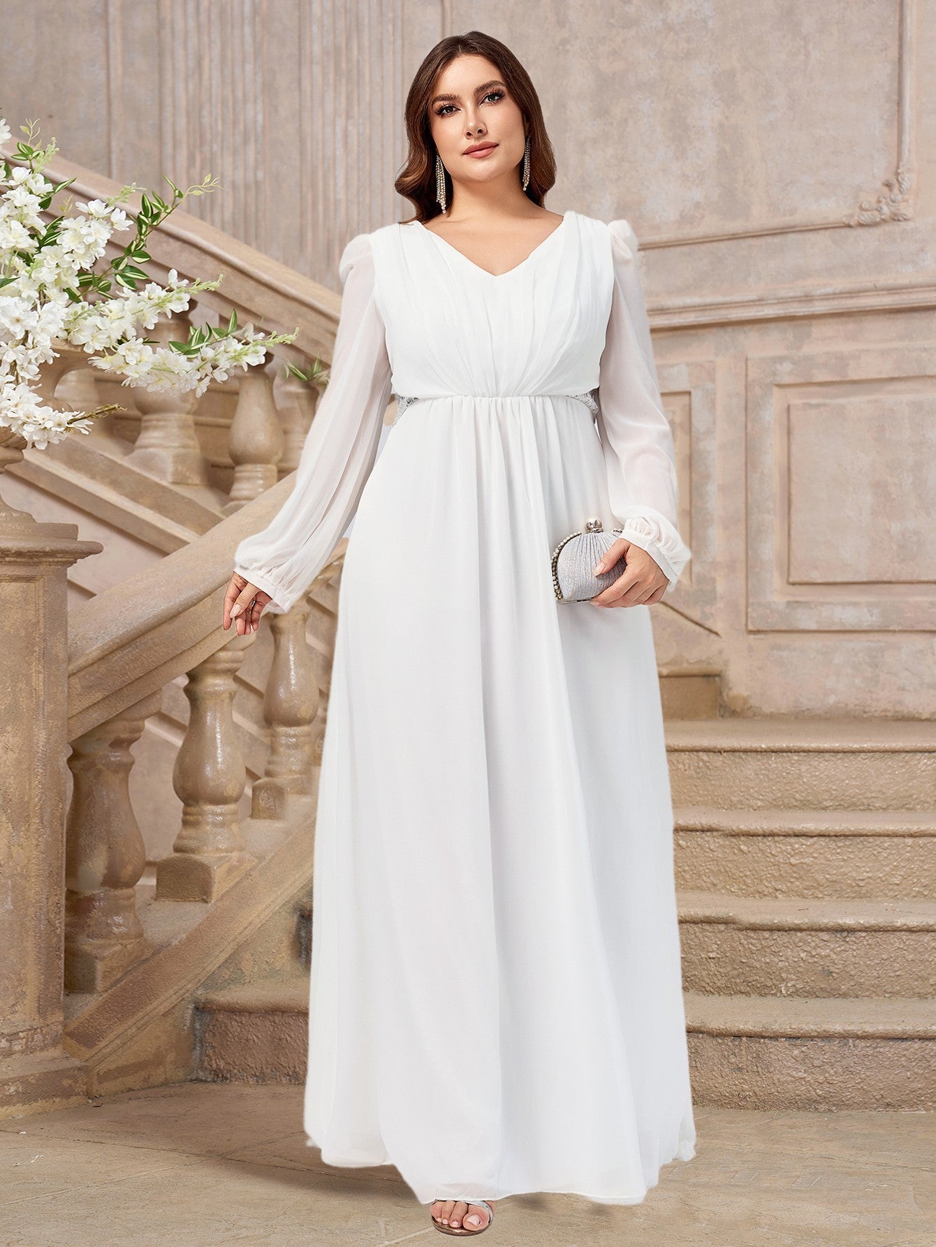 Plus Size Women Chiffon Long Sleeve V Neck Formal Party Dress 6