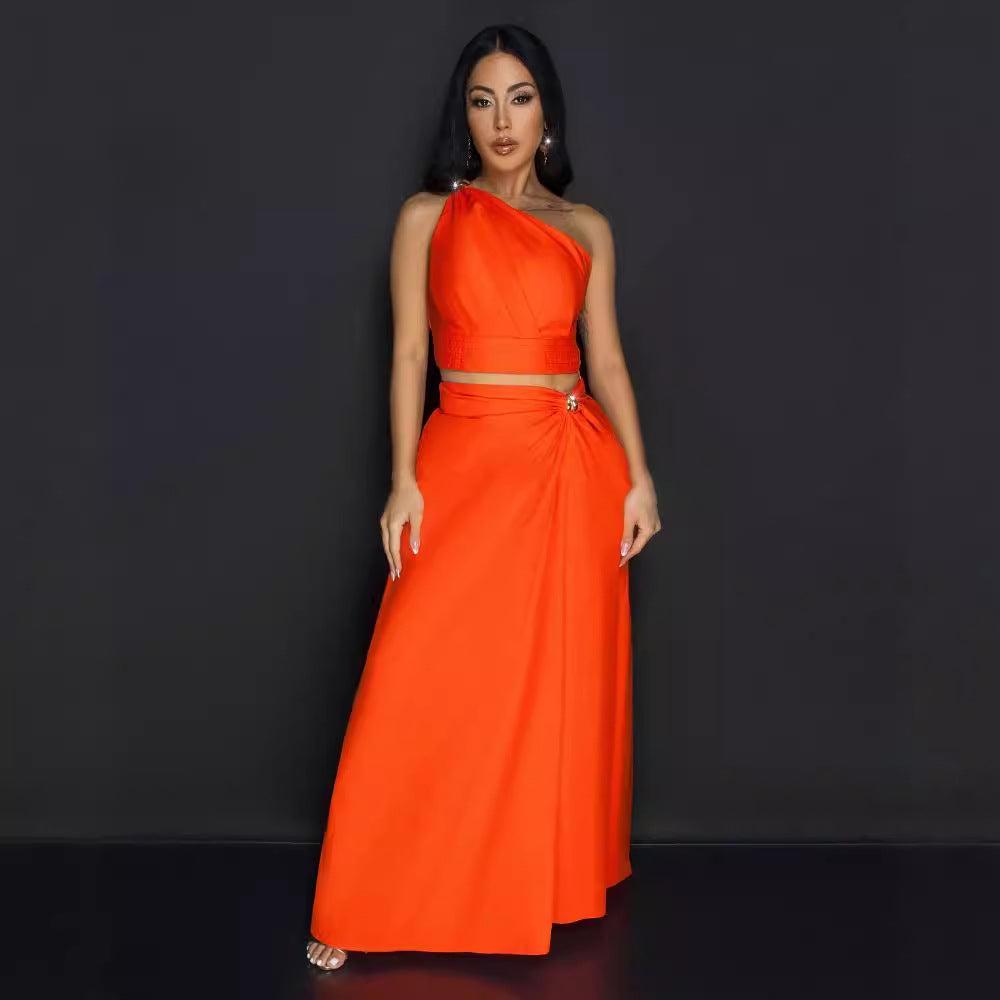 Women Slash Shoulder Slit Sleeveless Top and Skirt Two-piece Set 3