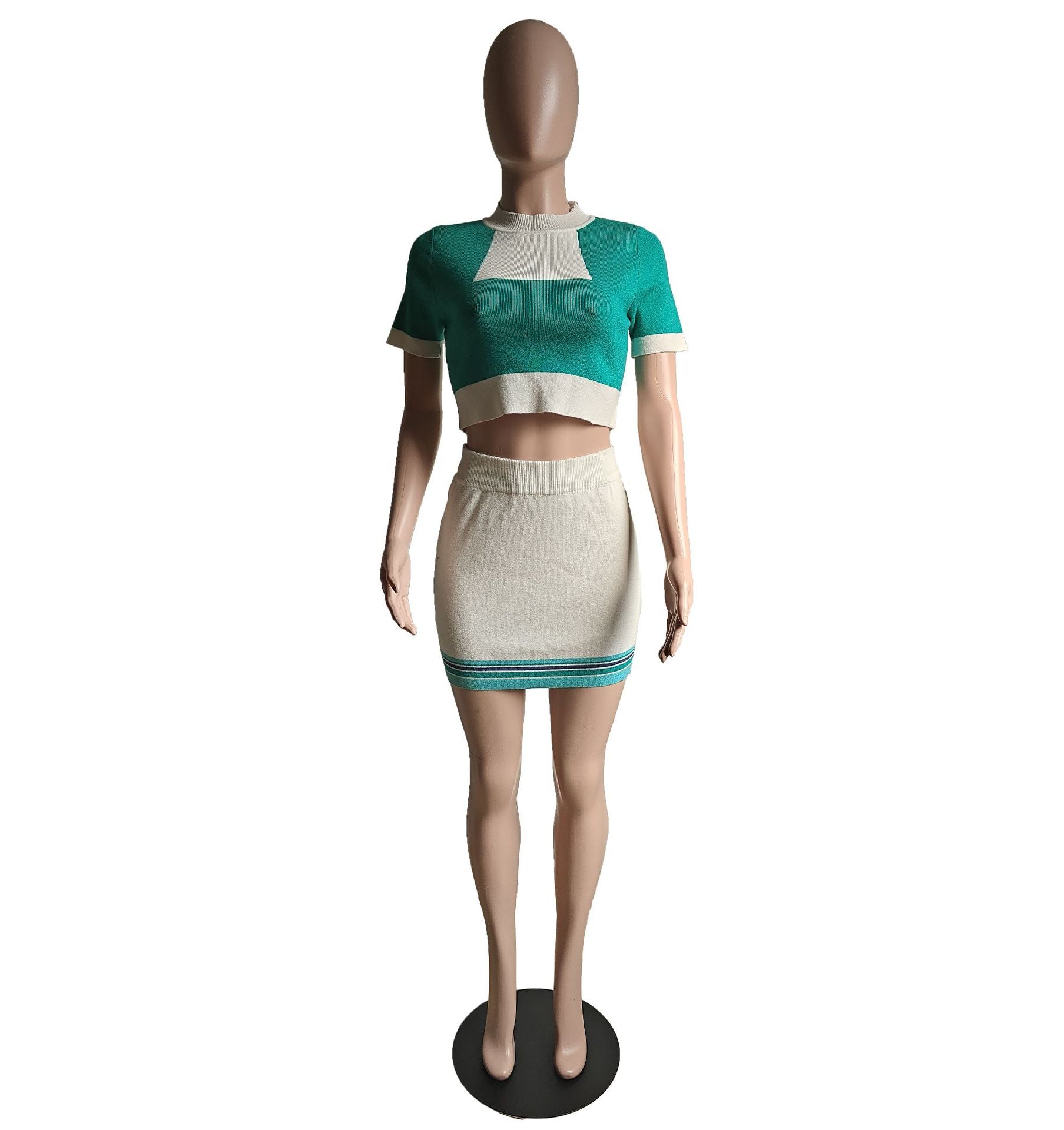 Women Spring Sexy Contrast Knitting Top and Skirt Two-Piece Set 8