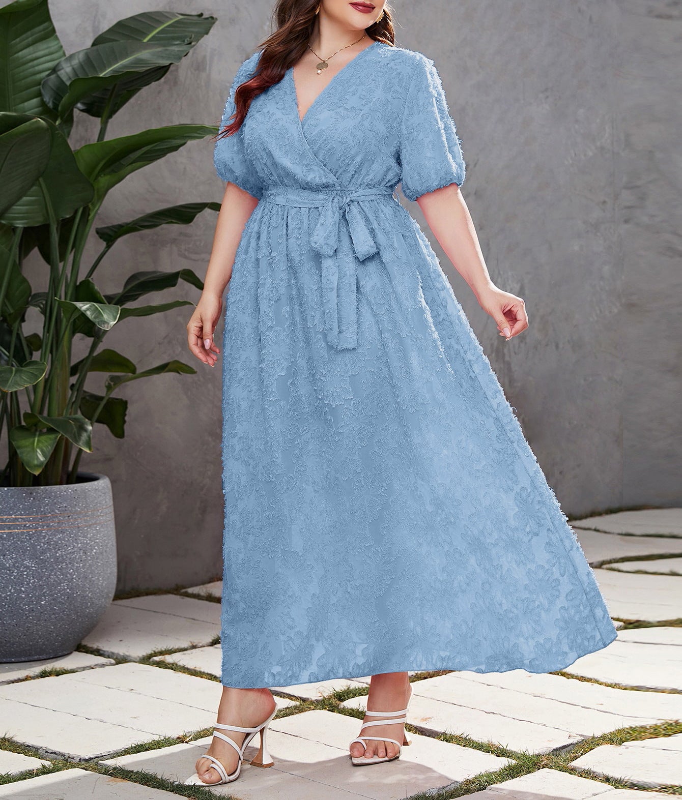 Plus Size Women's Elegant Wrap V-Neck Lace Chic Slim Waist Long Dress 6