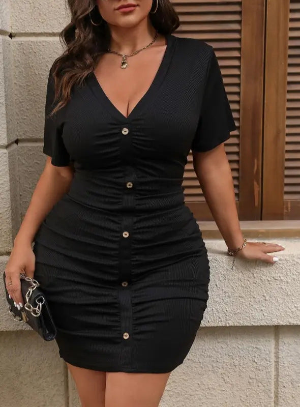 Plus Size Women Sexy V-Neck Knitting Ribbed Dress 7
