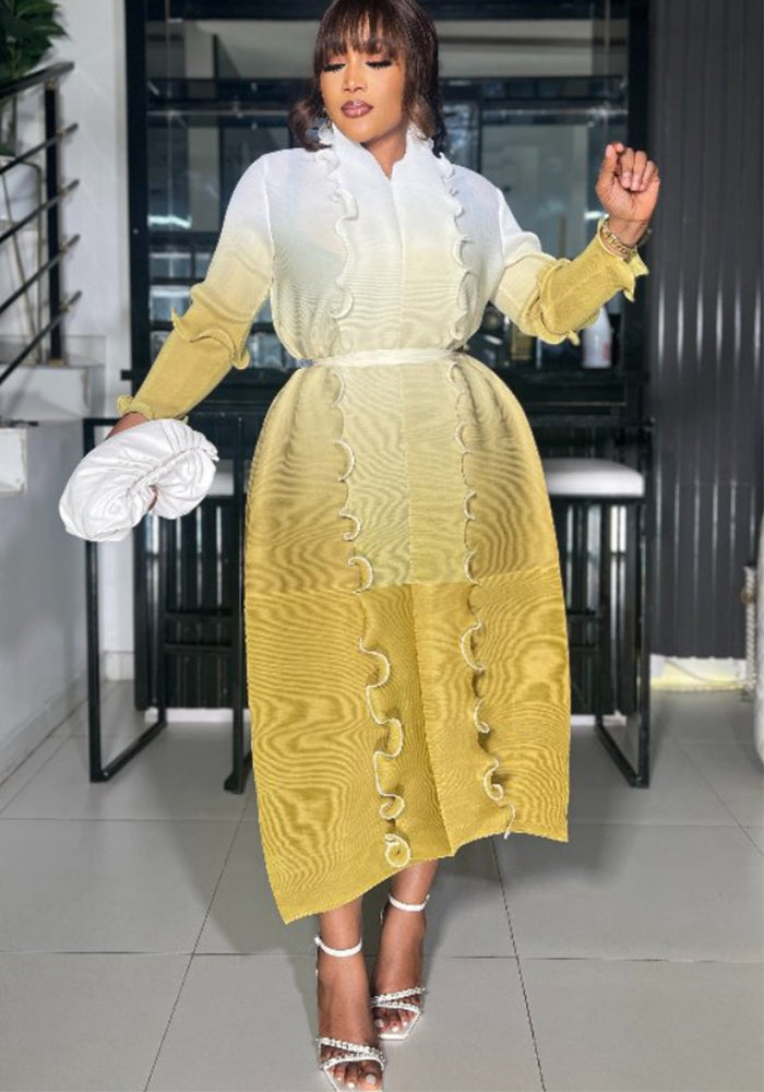 Women Lace-Up Ruffle Edge Pleated Dress