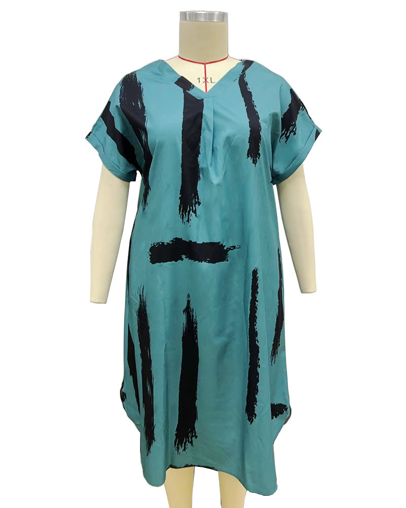 Plus Size Women long dress V-neck short sleeve printed loose dress 5