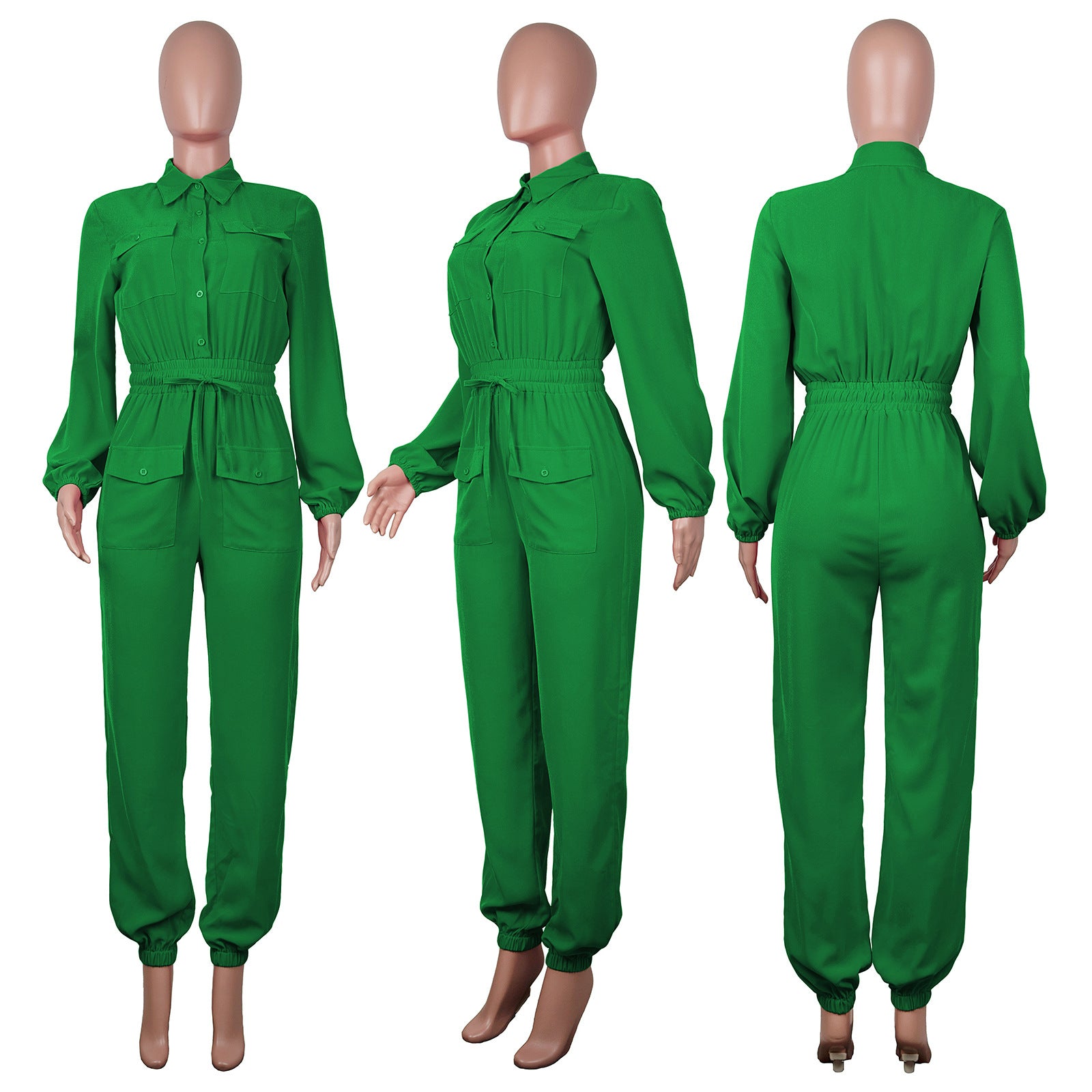 Women'S Classic Casual Solid Long Sleeve Button Up Overall Cargo Jumpsuit 10