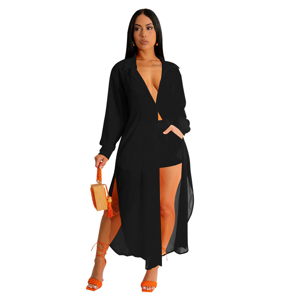 Women See-Through Solidchiffon Long Shirt and Shorts Two-Piece Set 10
