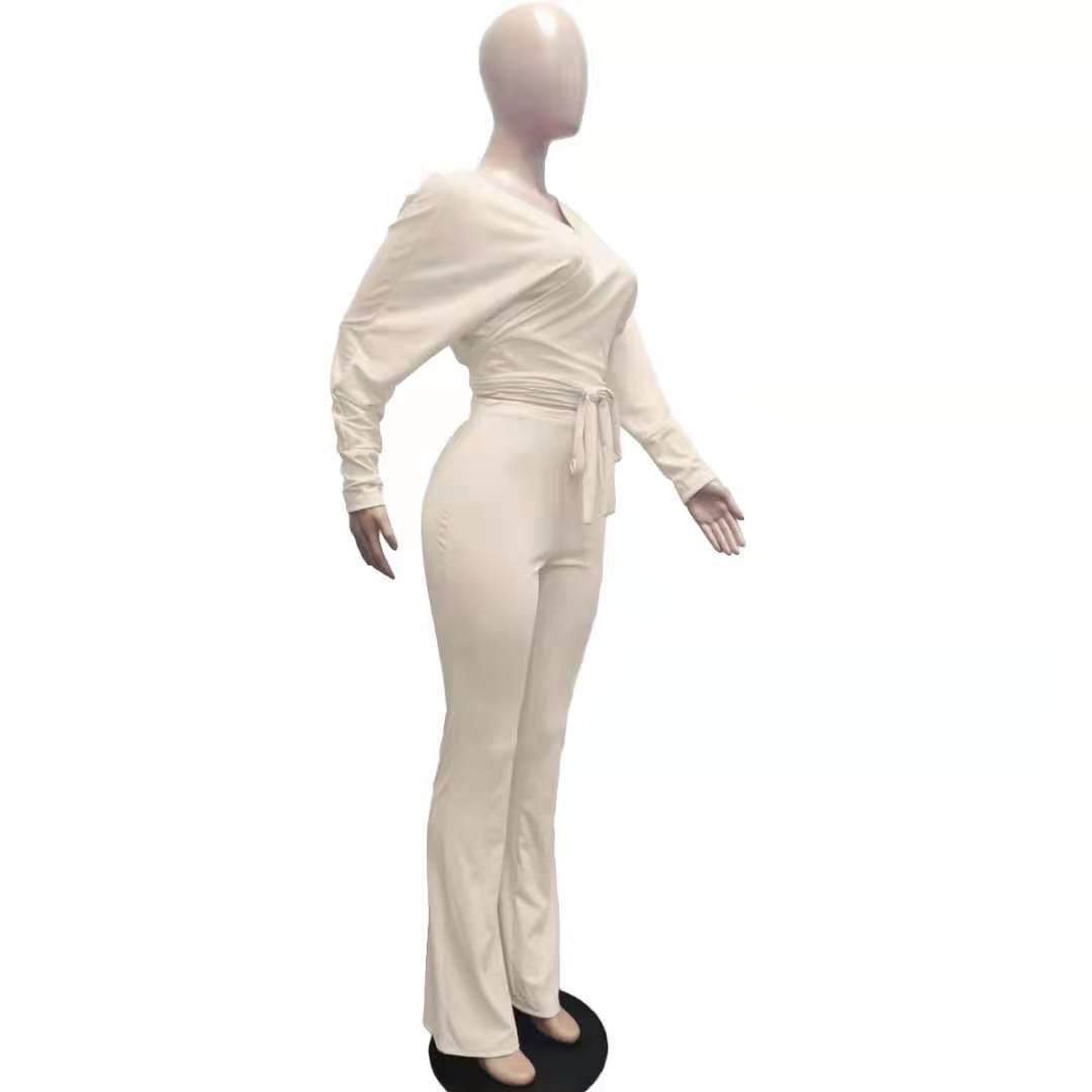 Fashionable Casual Solid Ribbed Loose-Cut Style Tie Bow Two Piece Set 19