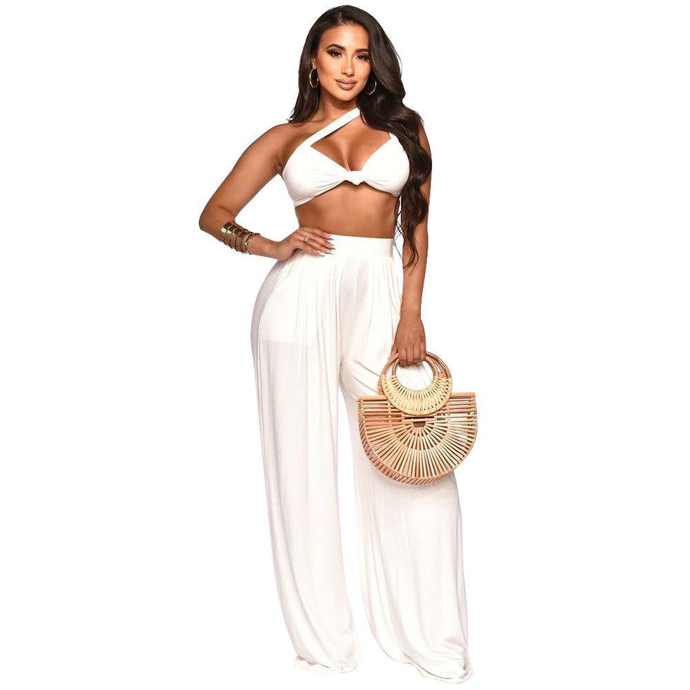 Women Summer Slash Shoulder Sleeveless Top + Solid Color Wide Leg Pants Two-Piece Set 9