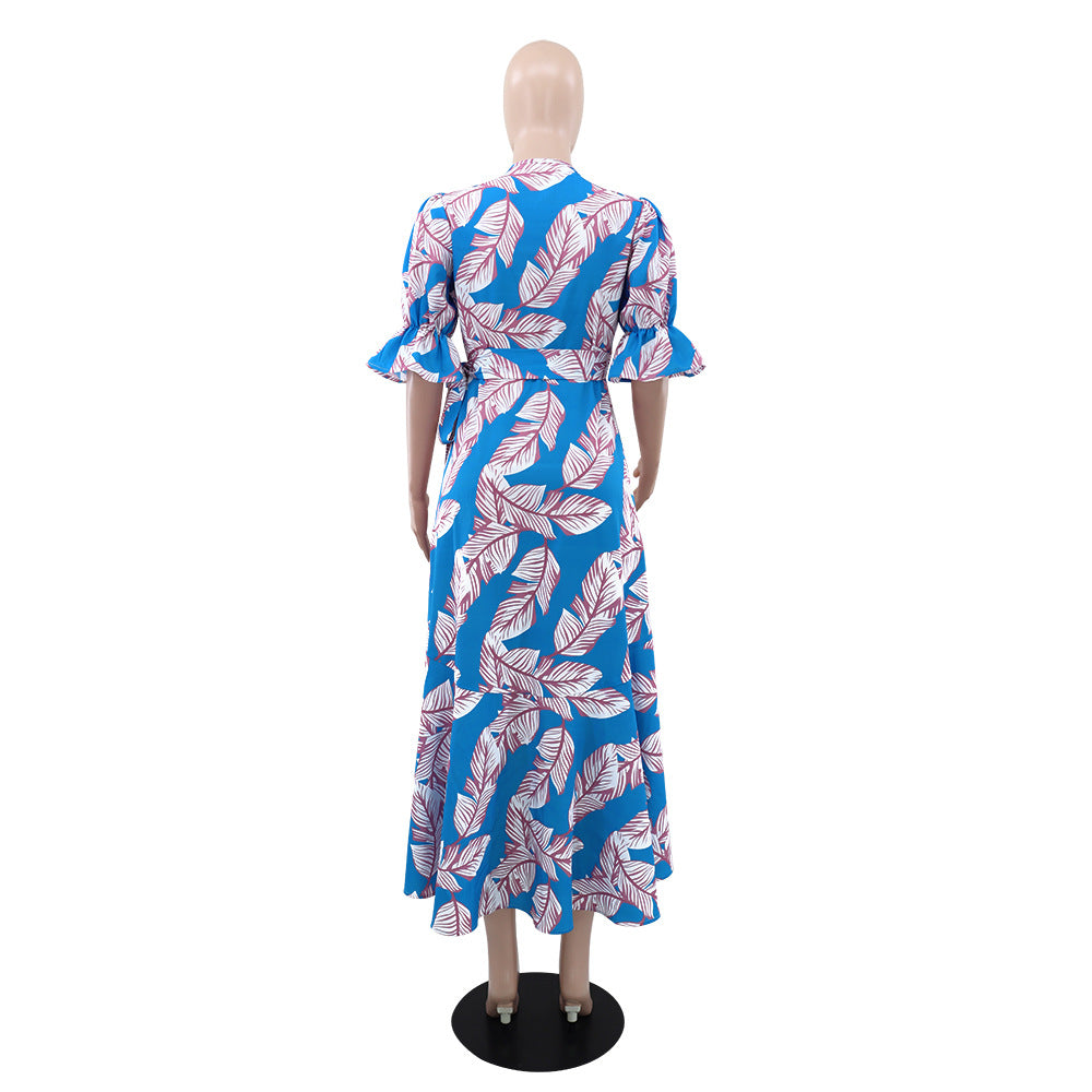 Women V-neck Tie Irregular Lace-Up Dress