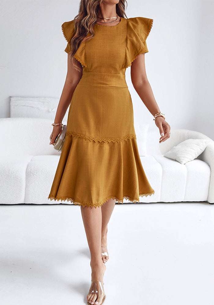 Solid Color Lace Trim Patchwork Bell Sleeve Slim Waist Ruffle Dress