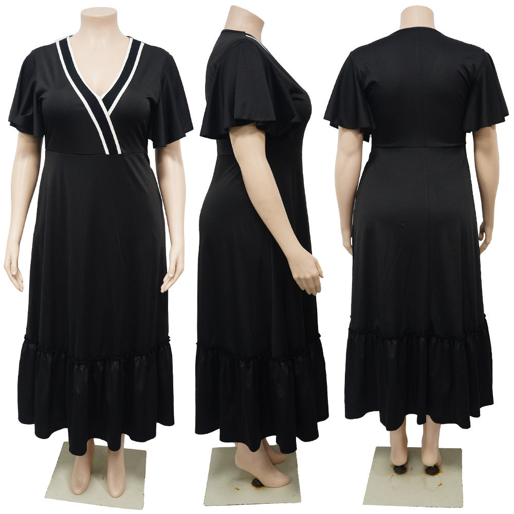 Plus Size Women V-Neck Ruffle Sleeve Pleated Casual Dress 8
