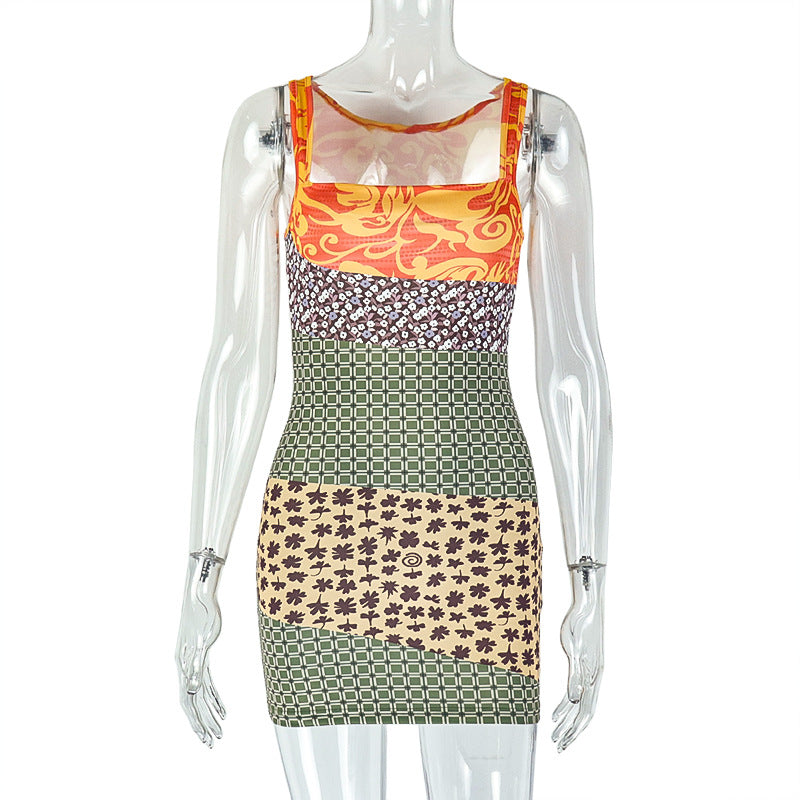 Women Print Patchwork Bodycon Casual Suspender Off Shoulder Sleeveless Dress 8
