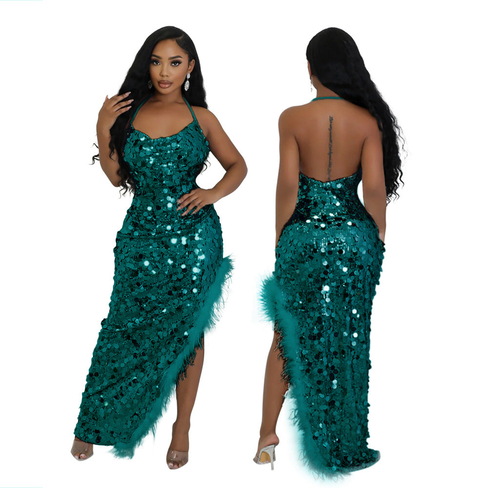 Women sexy suspender sequin irregular dress 4