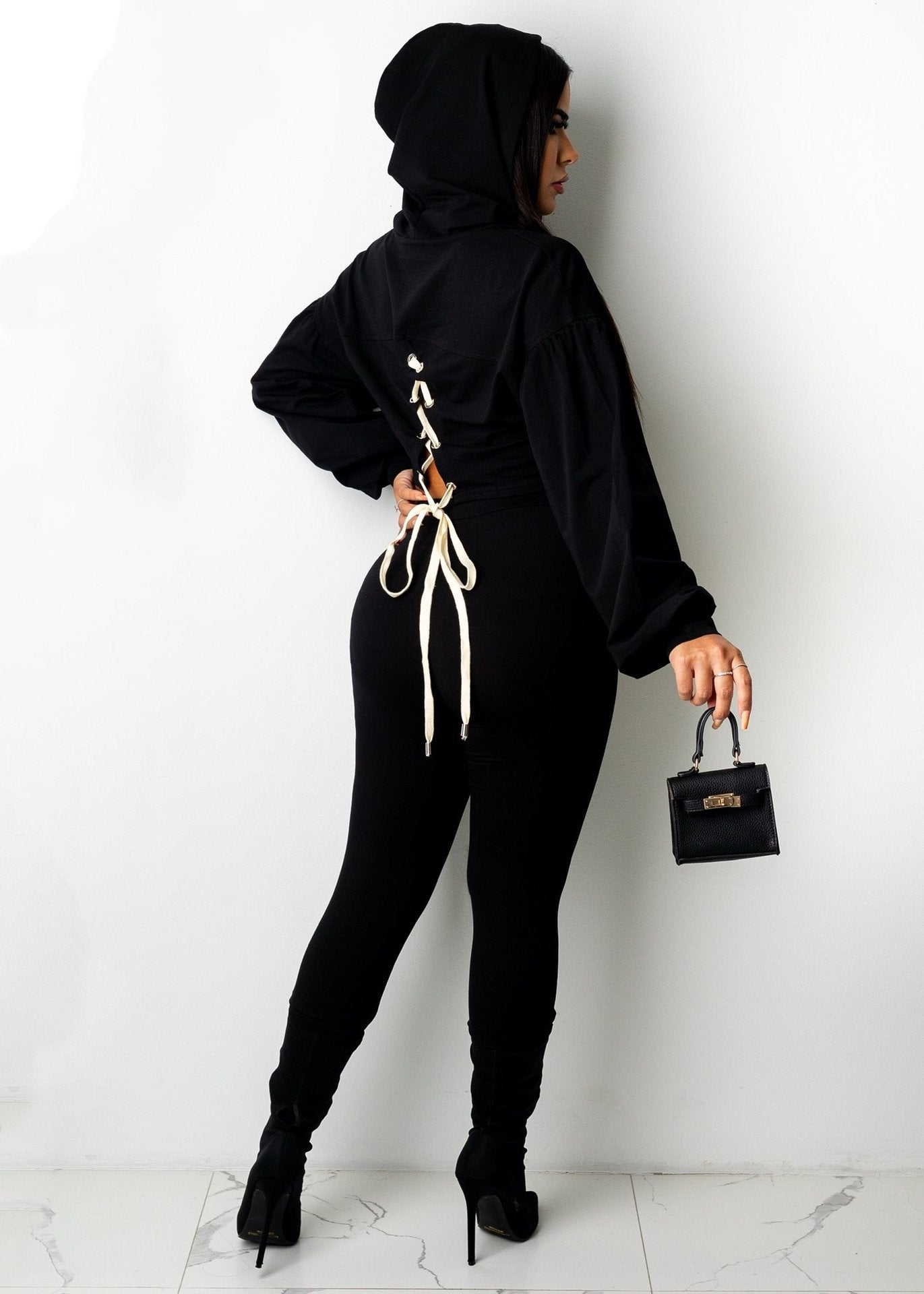 Women's Fashion Casual Solid Color Lace-Up Hooded Two-Piece Pants Set