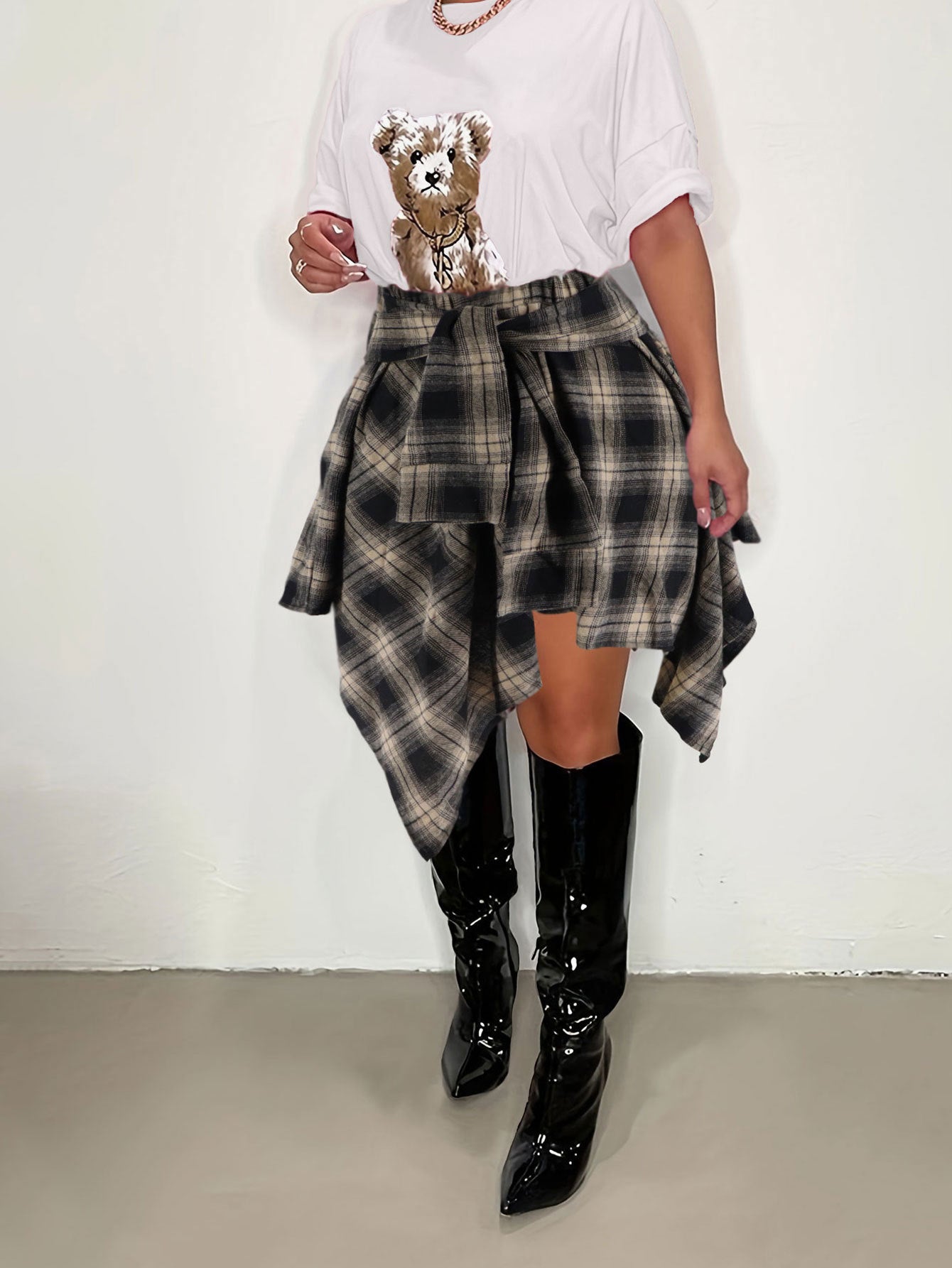 Women Style Patchwork Irregular Plaid Skirt 4