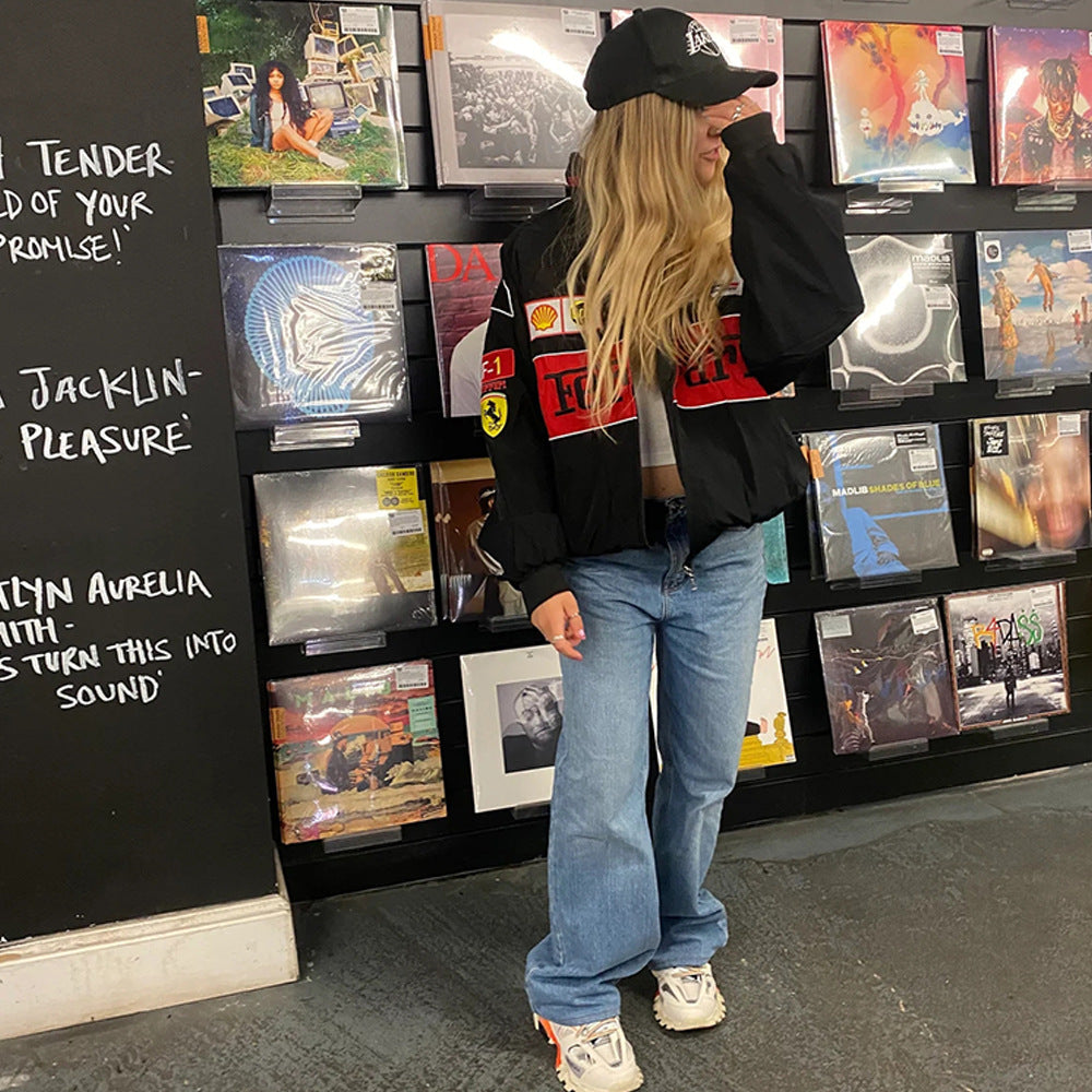 Women autumn and winter color block printed long sleeve jacket