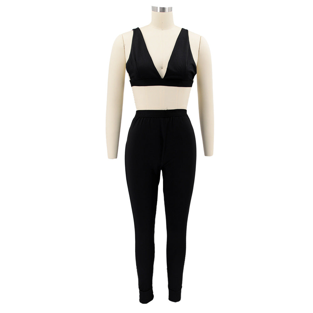 Women Solid Sling Elastic Casual Sports Two-piece Set 23