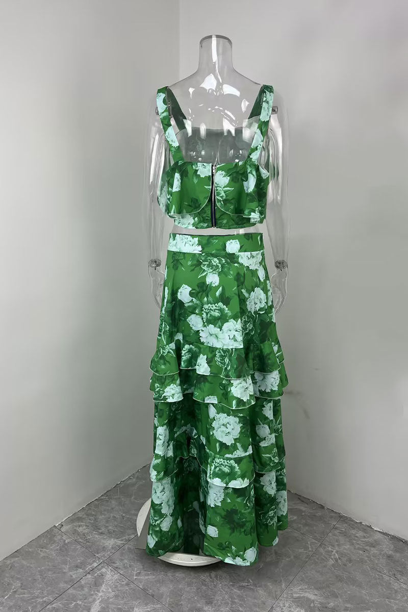 Women Beach Edge Holidays Printed Suspender Top Cascading Ruffles Skirt Two-Piece Set 30