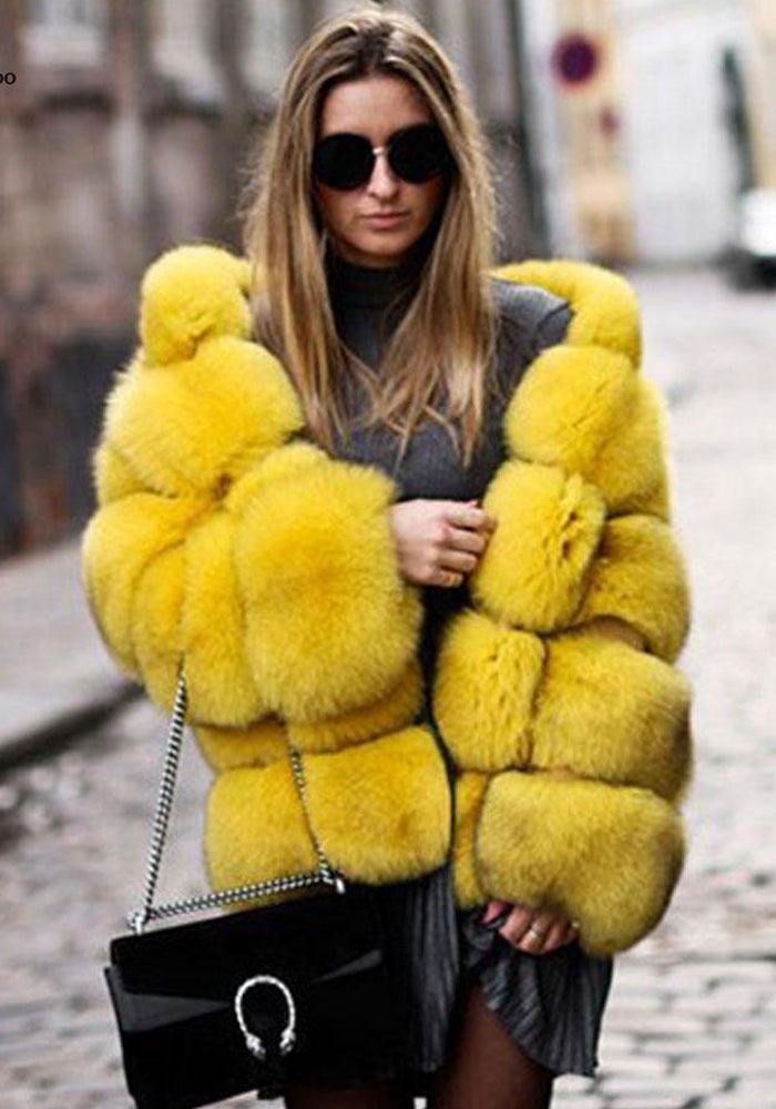 Women Faux Fox Fur With Hood Long Sleeve Jacket