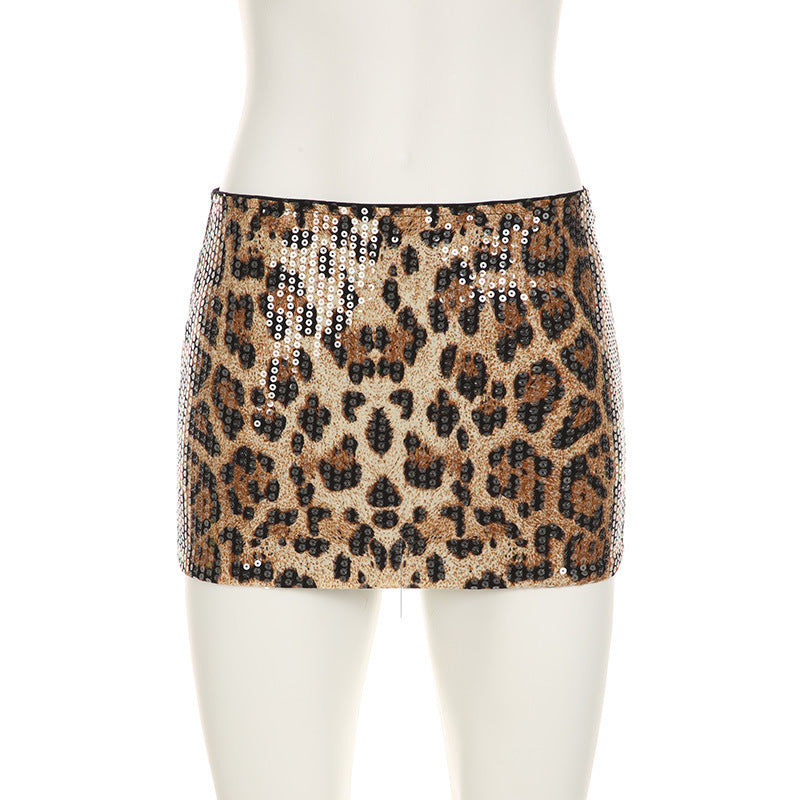 Street Fashion Leopard Print Sequin Bodycon Two-Piece Skirt Set 6