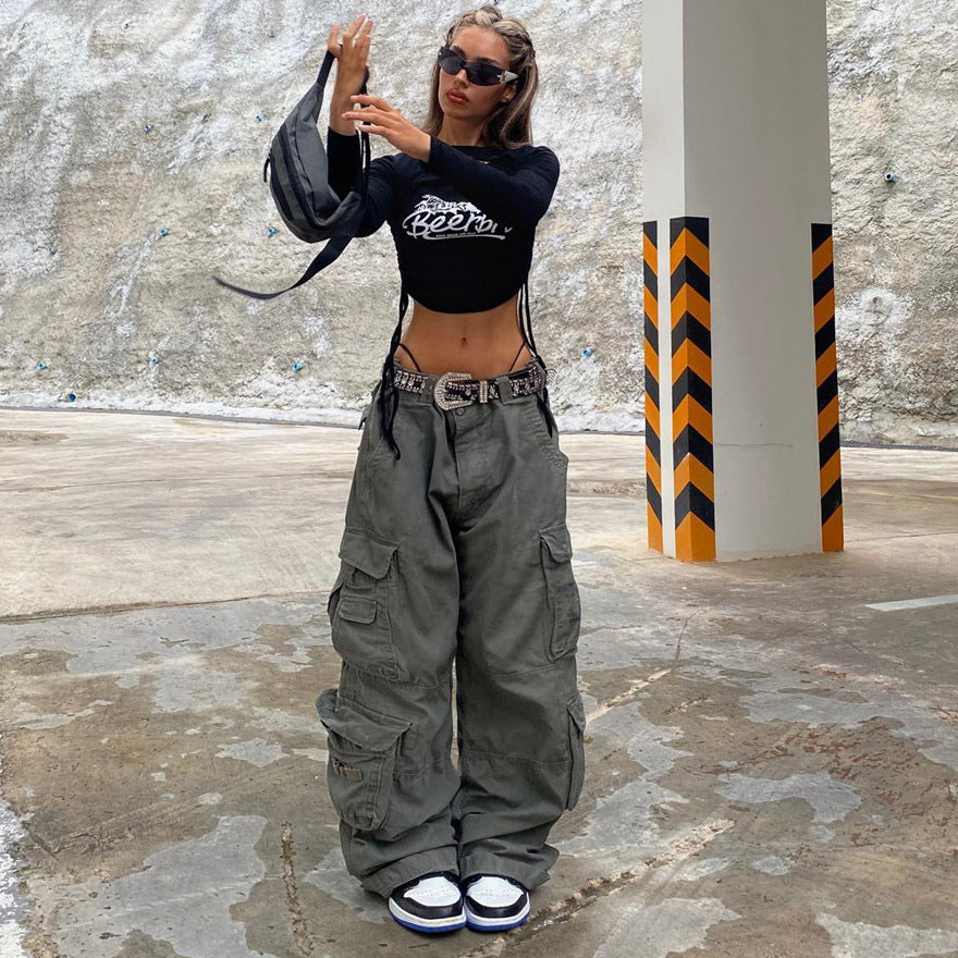 Autumn And Winter Women's Low Waist Loose Wide Leg Cargo Pants 5