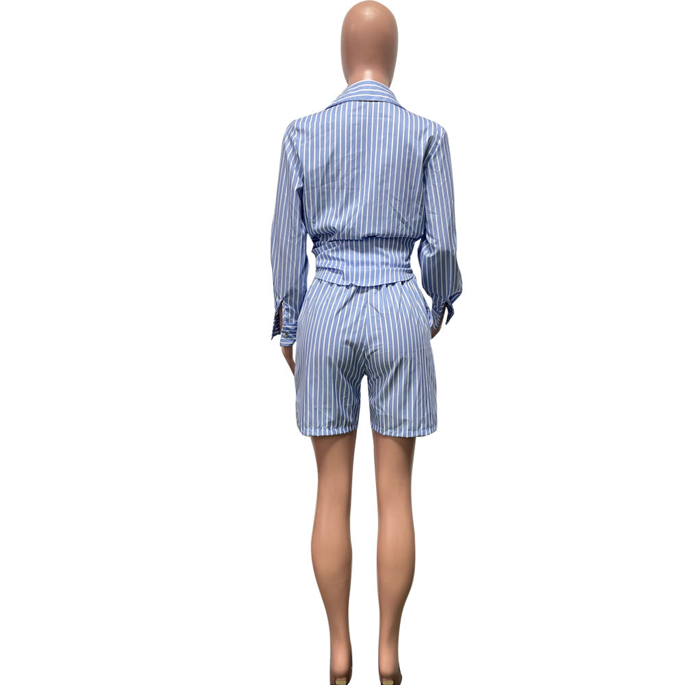 Women's Fashion Casual Stripe Patch Pocket Summer Shirt Shorts Two-Piece Set 16