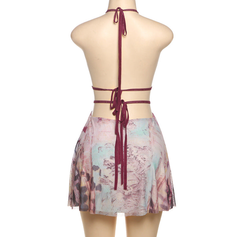 Women Summer Sexy V Neck Halter Neck Backless Print Dress 8