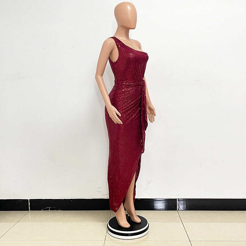 Women's One-Shoulder Lace-Up Sequined Evening Dress 56