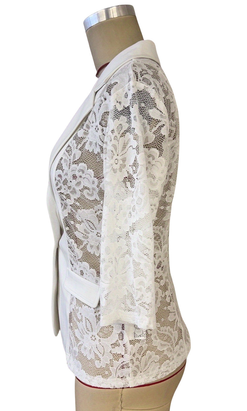 Spring Elegant Solid Color Fashion Lace Patchwork Women's Blazer Jacket 10
