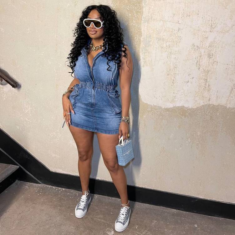 Women Denim Sleeveless Drawstring Stretch Dress