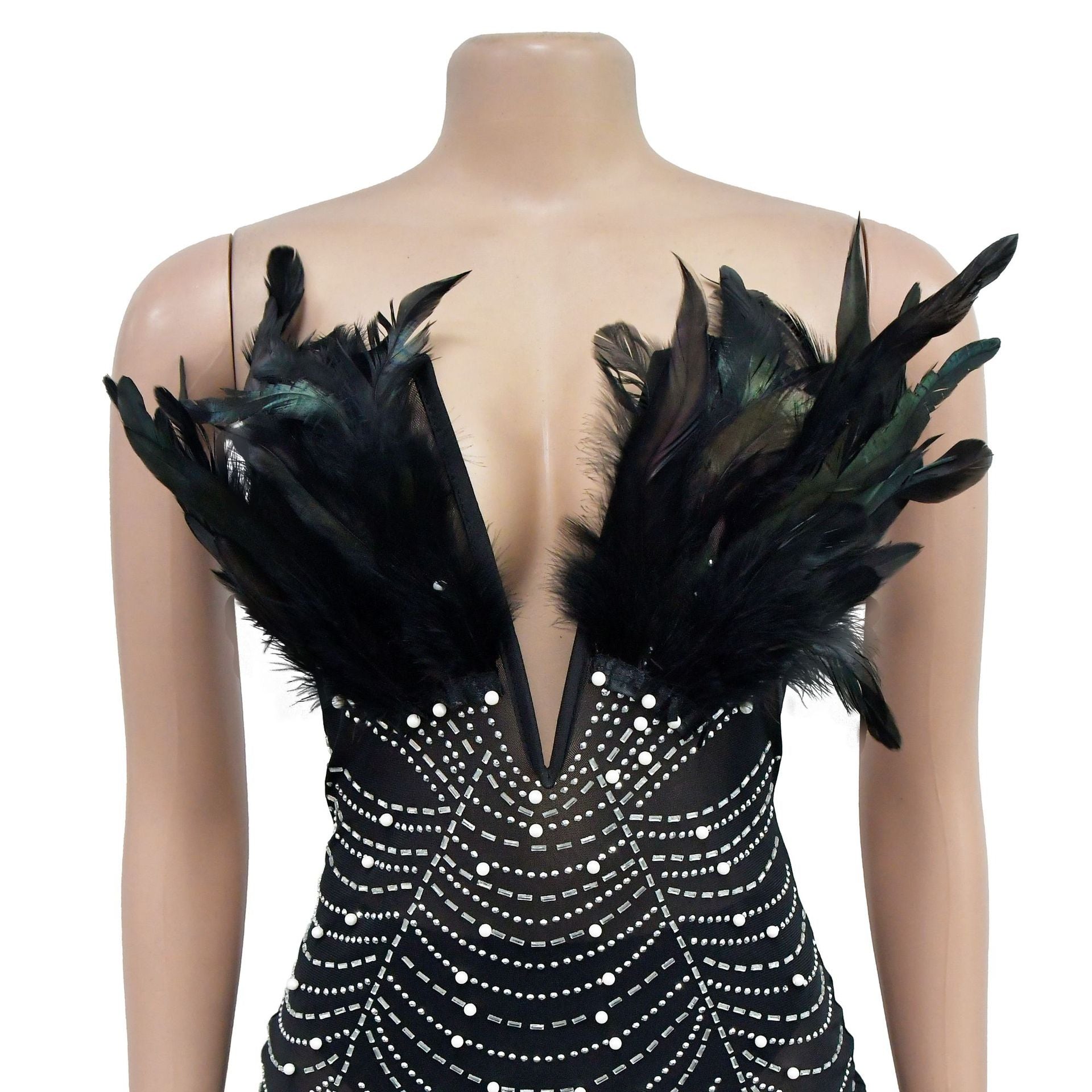 Fashion Women's Solid Color Mesh Beaded Feather Dress 24