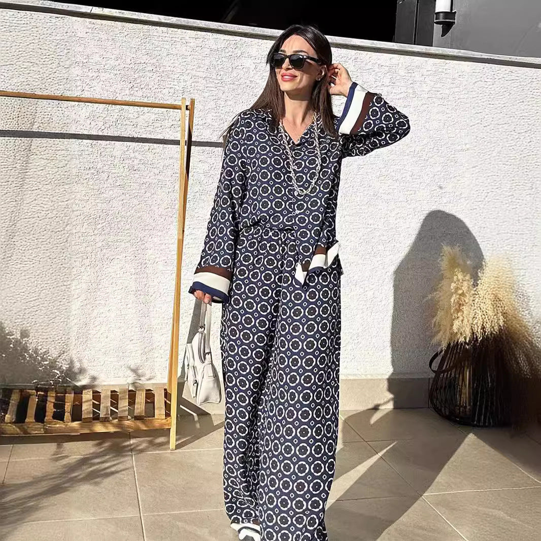 Women Casual Print Long Sleeve Shirt and Long Pants Two-piece Set 7