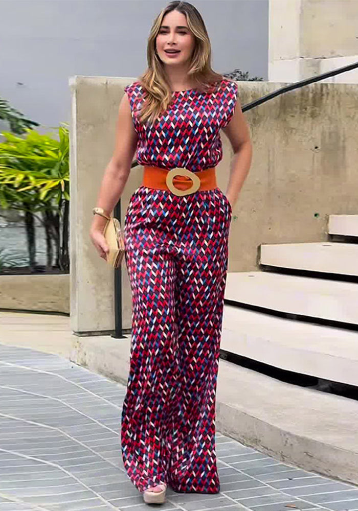 Women Summer Sleeveless Diamond Plaid Wide-Leg Jumpsuit