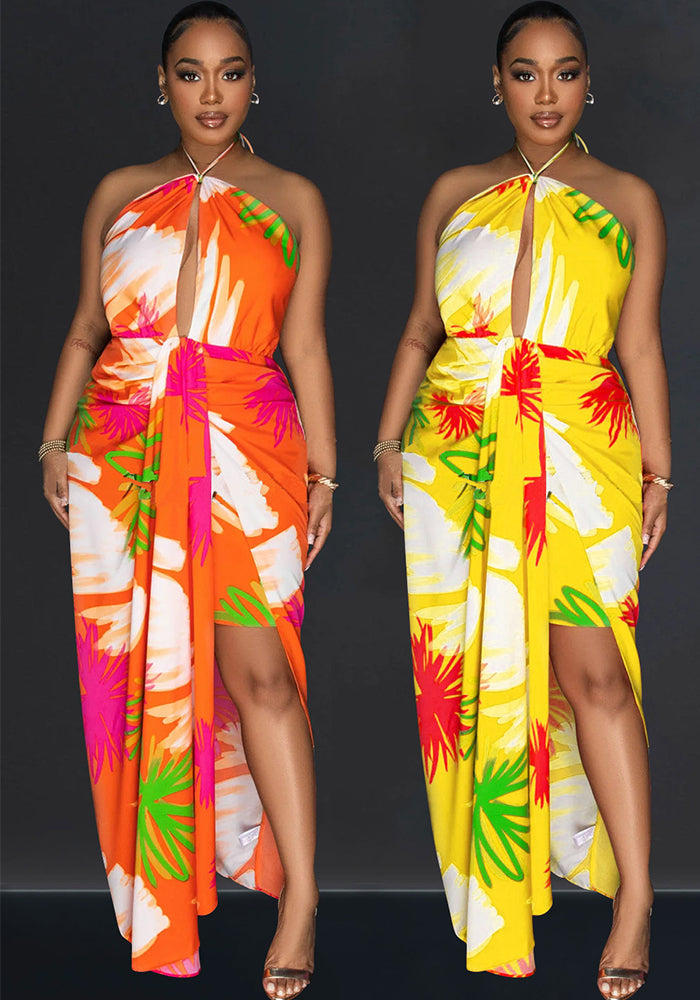 Women Backless Lace-up Print Dress