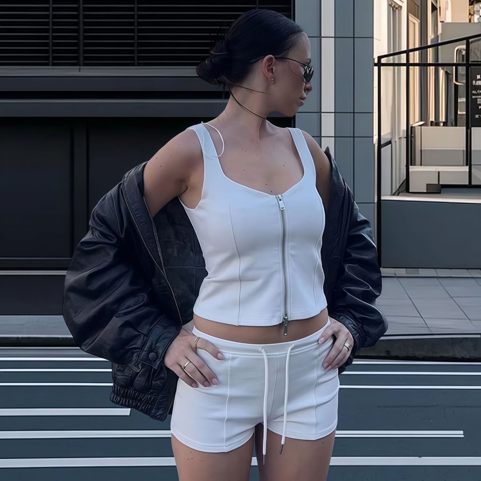 Women zippered vest top with drawstring and shorts two-piece set 12