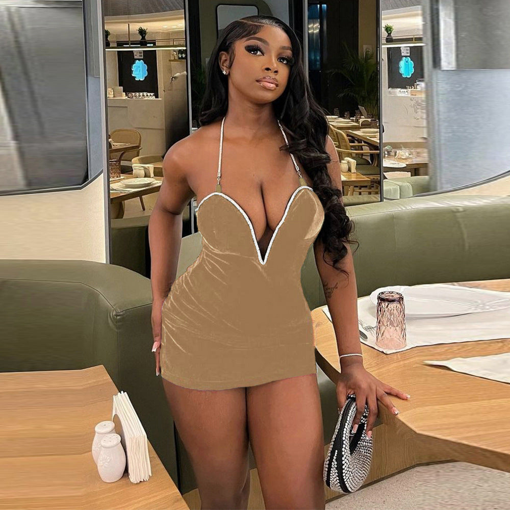 Summer Contrast Low Back Deep V Strap  Women Dress