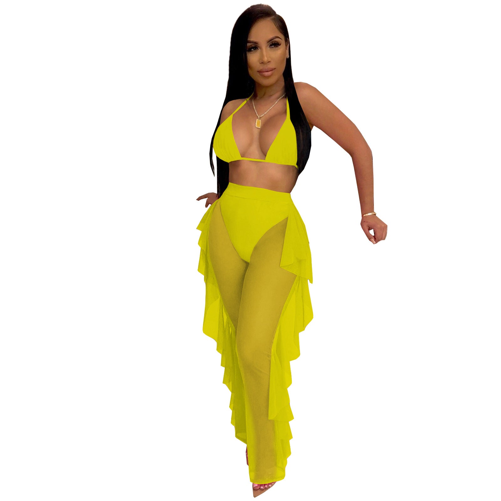 Women Solid See-Through Mesh Suspender Top and Pants Set with Underwear 9