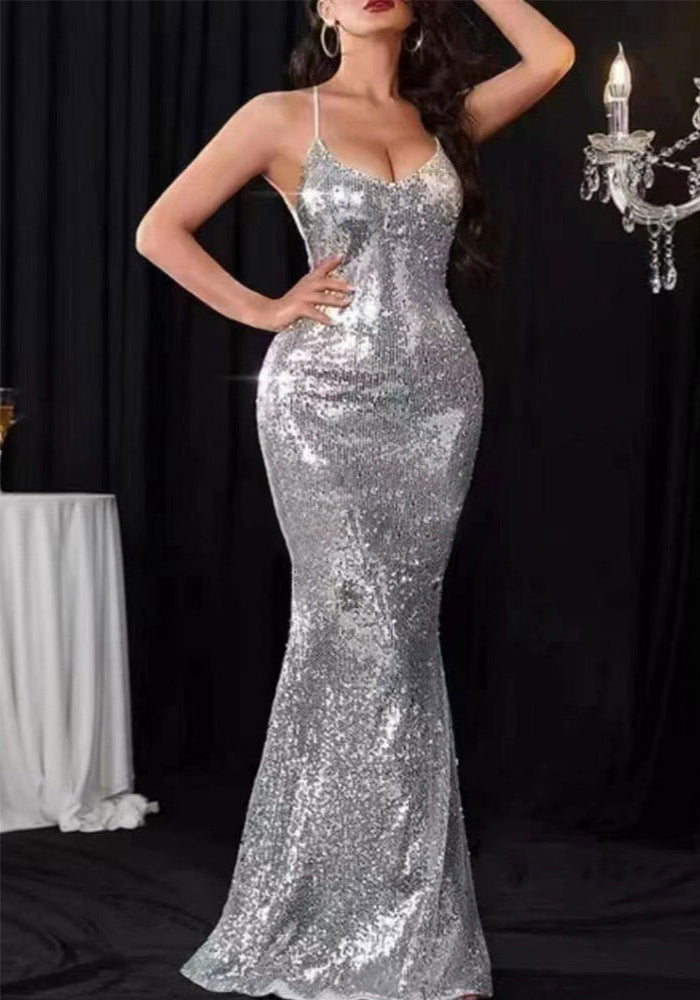 Women Elegant Fishtail Sequin Suspender Sexy Bodycon Dress Evening Dress