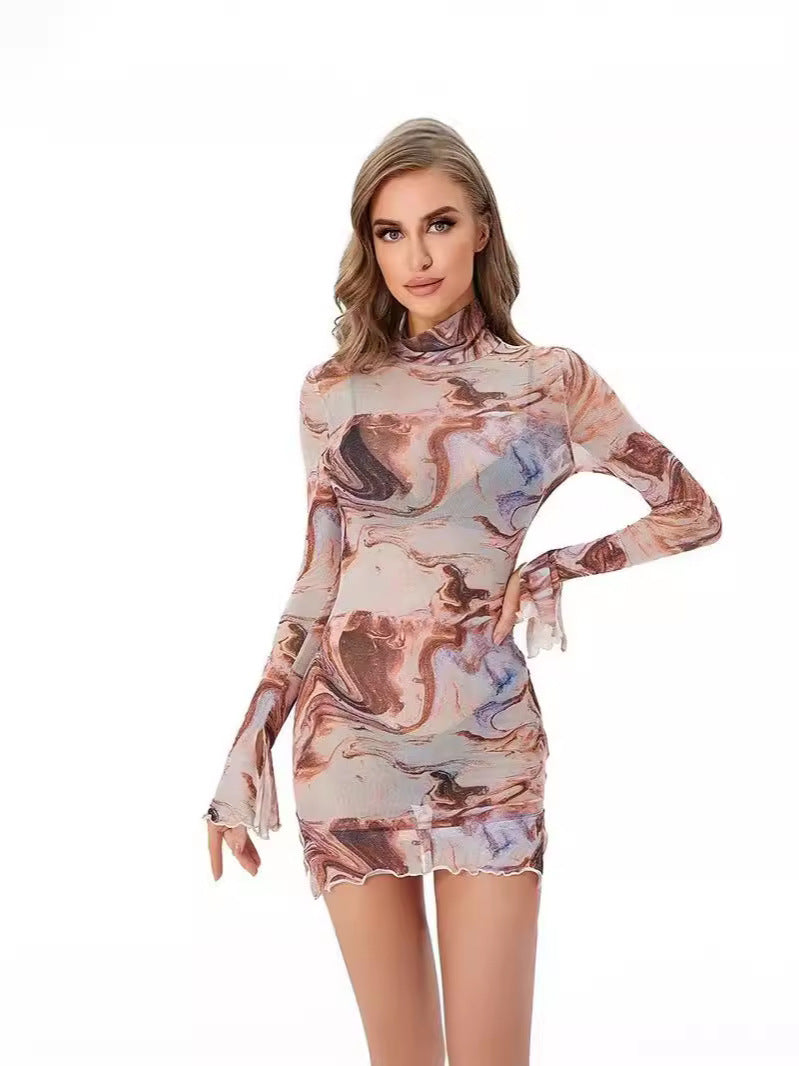 Printed Round Neck Bell Bottom Sleeve Women's Summer Slit Bodycon Dress 9