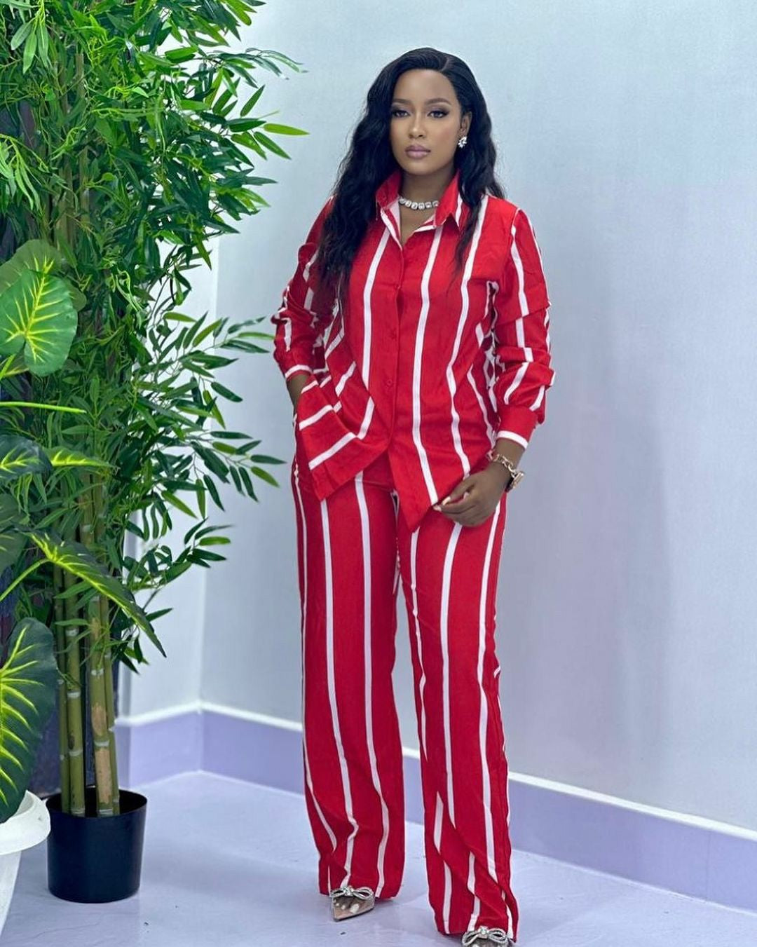 Fashion Casual Women's Spring And Autumn Striped Long Sleeve Shirt Loose Pants Women's Two-Piece Set 3