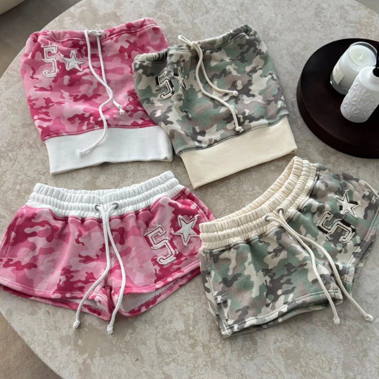 American Streetwear Color-Block Camo Strapless Top & Jogger Shorts Set 3