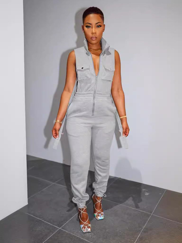 Women spring and summer zippered sleeveless fleece Cargo Jumpsuit 4