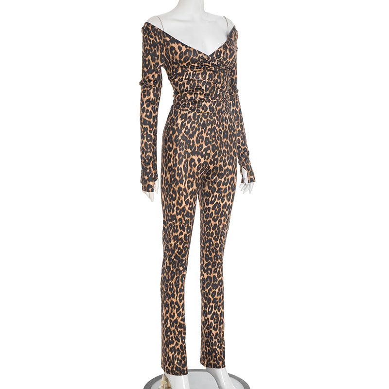 Women's Autumn Winter Leopard Print Off Shoulder Deep V-Neck Finger Sleeve High Waist Pants Set 7