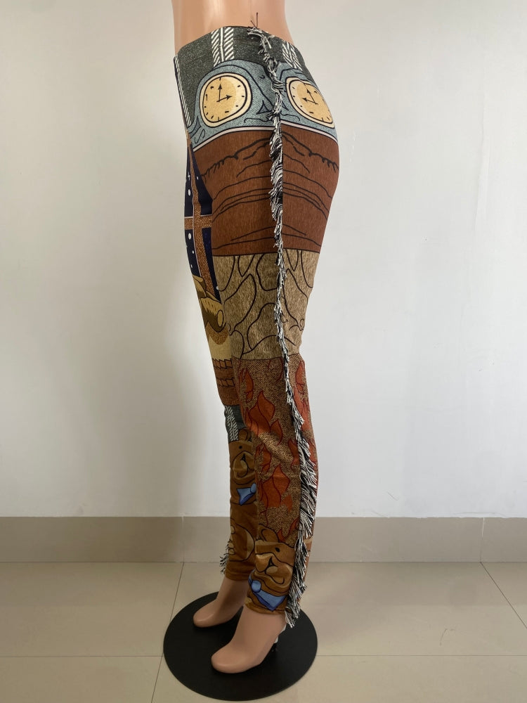 Fall Casual Retro Print Tassels Trouser 4