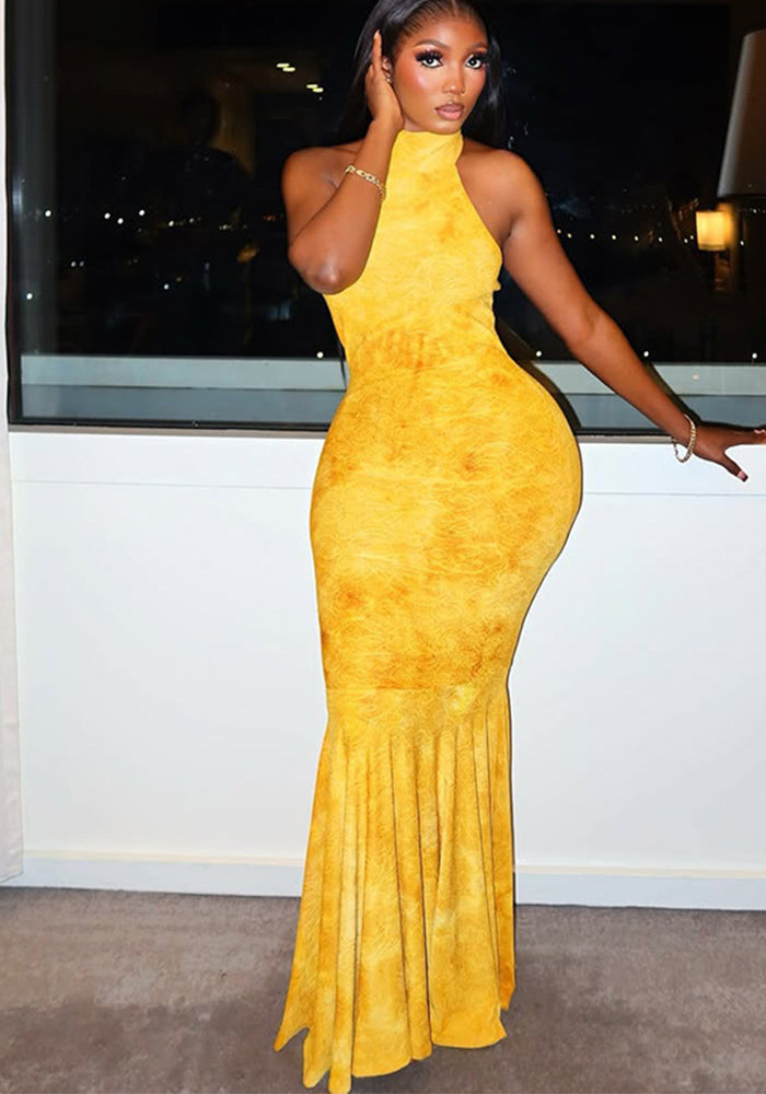 Women Elegant Sexy Backless High Neck Bodycon Fishtail Dress